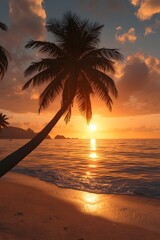 tropical ocean sunset with leaning palm tree fine sand and cinematic lighting