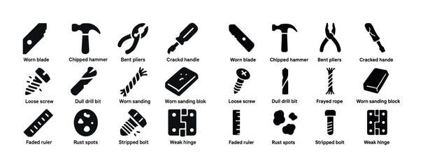 Fototapeta premium Variety of common tool problems and wear issues illustrated icon