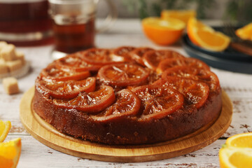 Upside down orange cake, ready homemade on the table