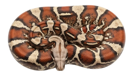 Isolated Sumatran short-tailed python, reddish brown patterned snake curled into a ball shape