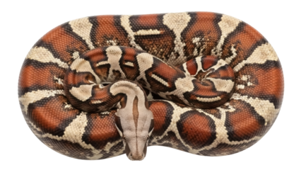 Isolated Sumatran short-tailed python, reddish brown patterned snake curled into a ball shape