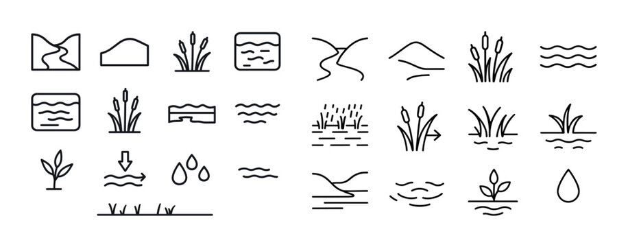 Various wetland icon set illustrating nature and water elements