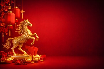 Festive Chinese New Year background for the Year of the Horse featuring a decorative horse surrounded by traditional Lunar New Year ornaments such as red lanterns, gold ingots, red envelopes