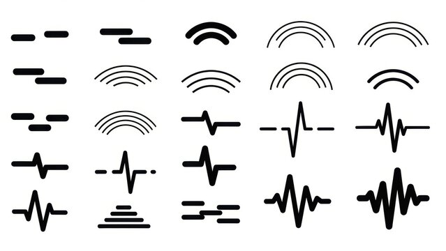 A collection of various sound wave and signal icons representing audio, vibration, and frequency patterns.