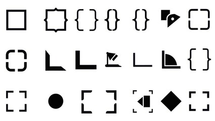 A collection of abstract geometric shapes and symbols, including squares, brackets, circles, and corner elements.