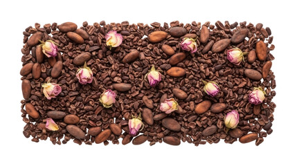 Isolated cocoa beans and rose buds artistic arrangement for Valentine's Day, Mother's Day
