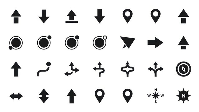 A collection of various arrow and navigation icons, including directional arrows, map pins, and compass symbols.