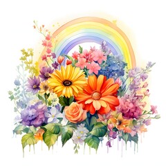 Obraz premium Colorful floral arrangement with vibrant gerbera daisies and a soft watercolor rainbow background