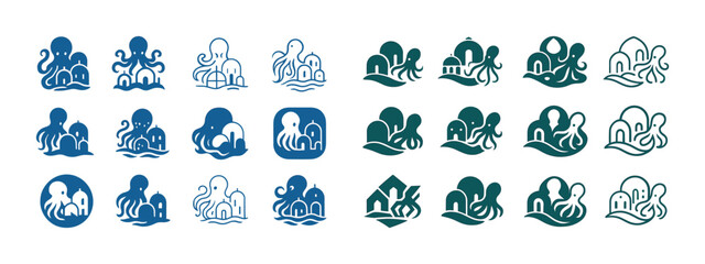 Collection of octopus and house logos in various styles