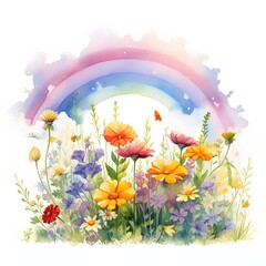 Obraz premium Vibrant watercolor flower garden with rainbow and butterfly illustration