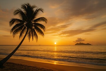 Tropical paradise beach at sunset with detailed palm fronds and crystal blue ocean