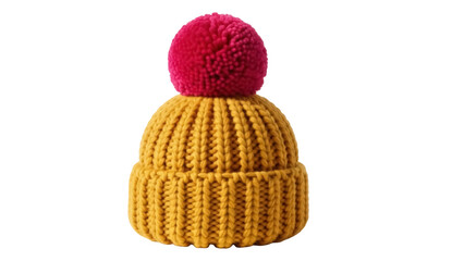 Isolated winter hat with pompom in mustard yellow and pink, knitted woolen accessory, cozy and warm