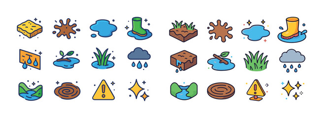 Colorful cartoon nature and cleaning icons set with sponges, mud