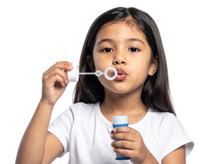 Young Girl Blowing Soap Bubbles, Front View Portrait, Isolated Cutout PNG on White Background.