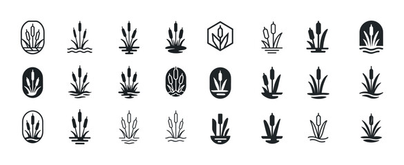 Fototapeta premium Collection of minimalist cattail icons in various shapes and sty