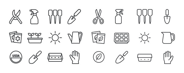 Gardening tools and symbols outline icons set for horticulture e