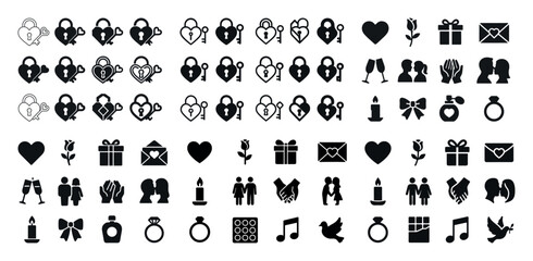Obraz premium Valentine's day icon set with hearts, locks, flowers, gifts, and