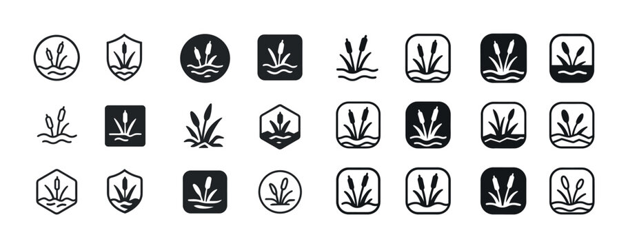 Collection of reed and cattail icon variations in black and whit