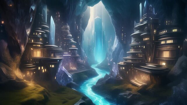 Underground City in Glowing Cavern &ndash; Fantastical Architecture with Blue River and Mystical Light Source
