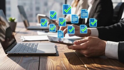 Business Meeting Scene Hands Using Tablet Device with Document File Graphic Overlay Laptop on Table Teamwork and Technology in Modern Office - Powered by Adobe