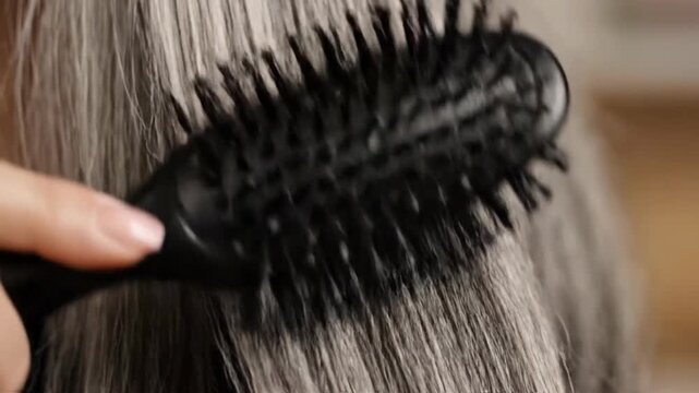 The rhythmic motion of a brush through elegant grey hair, a visual narrative of self-care and confidence, gracefully embracing age and natural beauty