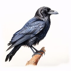 Obraz premium Detailed raven perches on a weathered branch in watercolor style