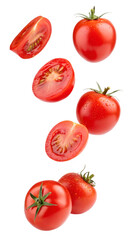 Fresh red tomatoes falling in different cuts isolated on transparent background