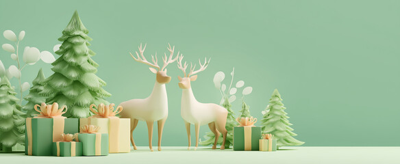 Fondo decorativo que representa un ambiente navide&ntilde;o con est&eacute;tica pastel, dise&ntilde;o moderno y una armoniosa composici&oacute;n invernal. Dos ciervos blancos entre &aacute;rboles verdes, regalos pastel y follaje