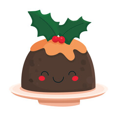 Cute Christmas pudding with holly berry, vector illustration.
