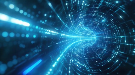 Abstract futuristic digital portal vortex with glowing blue light trails and particles in a dark network tunnel