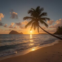 Tropical sunset seascape with palm tree detailed sand patterns and dramatic sky tones