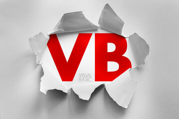 VB acronym for Visual Basic displayed through torn paper effect, representing programming language,...