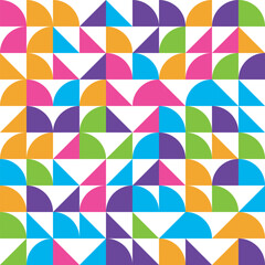 A vibrant, colorful seamless pattern featuring abstract geometric shapes like triangles and quarter circles arranged in a modern mosaic design.