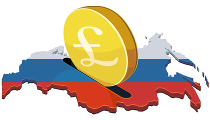 A large gold pound coin being inserted into a slot on a map of Russia, painted with the national flag. Concept for investment, economy, or financial savings in Russia. (cut out)