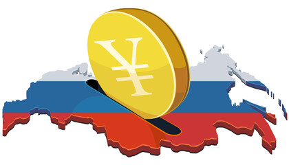 A large gold yen coin being inserted into a slot on a map of Russia, painted with the national flag. Concept for investment, economy, or financial savings in Russia. (cut out)