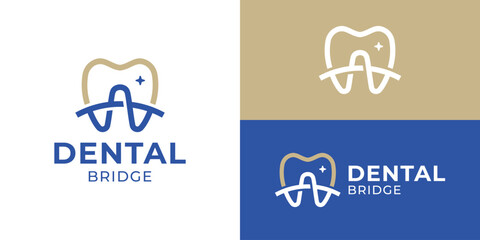 Creative simple dental bridge logo template. Teeth with bridge logo design vector illustration.