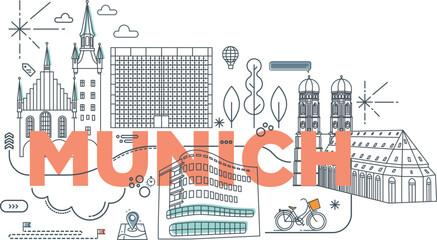 Typography word “Munich” branding technology concept. Collection of flat vector web icons. Culture travel set, Memphis famous architectures, specialties detailed silhouette. German famous landmark