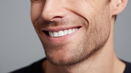 Obraz premium Close-up of a Caucasian man smiling, showing perfectly aligned white teeth, fair pale skin, background soft gray