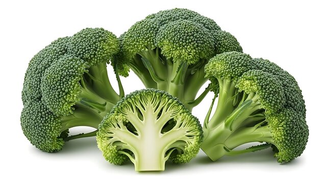 Fresh broccoli florets grouped together isolated on white background