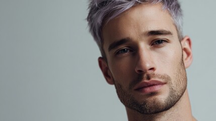 Fototapeta premium Modern Beauty Portrait of Caucasian Man with Ash Silver Hair and Lavender Tones 