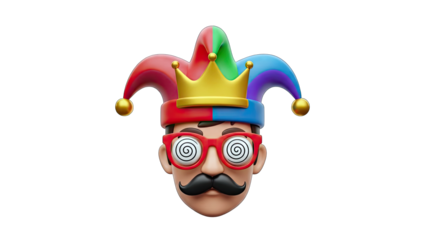 3D Jester with Swirly Eyes and Mustache on White Background