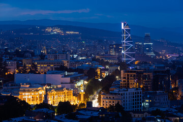 Tbilisi Modern And Historic Skyline At Night Blue Hour