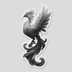 Obraz premium a sticker of an elegant phoenix design, vector art, white background, black and gray color palette, fantasy-inspired artwork, white border on all sides, die-cut sticker with no busy edge