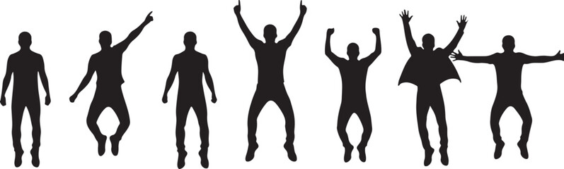 Silhouettes of people jumping and posing with arms raised