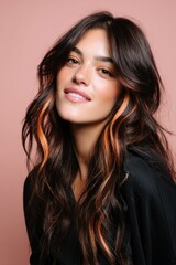 Fototapeta premium Close-up of a Latin woman with dark brown hair accented with neon orange streaks, tan glowing skin, pastel coral background, stylish and playful