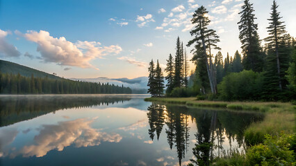 Serene Alpine Lake at Sunrise: Misty Morning Reflections of Pine Forest and Clouds on Calm Water Surface.