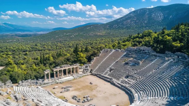 Exploring the ancient theater at Kinortio Oros Epidavros with stunning natural surroundings, Aerial view around Kinortio Oros, Epidavros in Greece on a sunny day