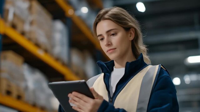 A warehouse supervisor checking inventory on a tablet as frost forms on steel shelving, LED indicators blinking on crates stored at sub-zero temperatures &mdash; smart warehouse management, digital