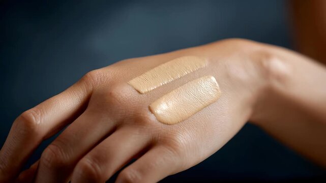 A cosmetics tester swatching new foundation shades on their forearm under studio lighting, comparing undertones and formula consistency &mdash; beauty product quality testing, complexion analysis, and