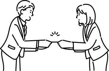 名刺交換をするビジネスパーソンのイラスト　線画のみ